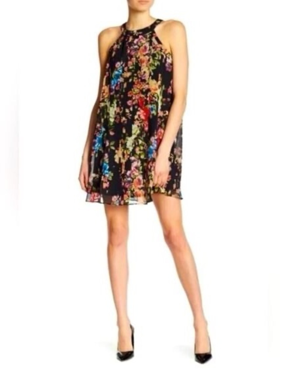 Betsey Johnson Black Floral Chiffon Halter Swing Dress